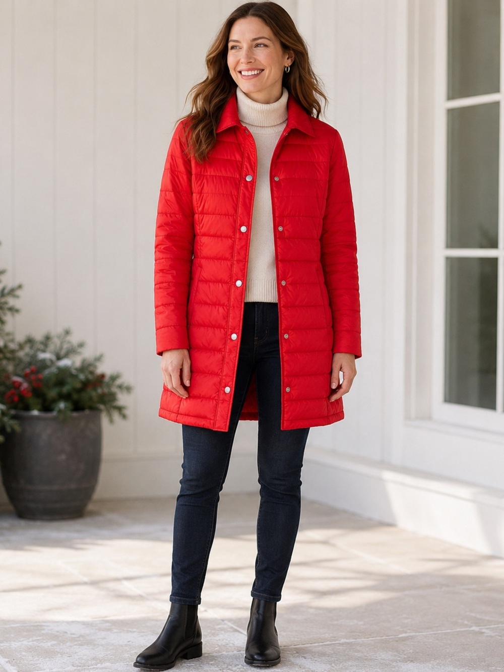 Lands’ End PrimaLoft Red Quilted Long Coat Women Size 8 Snap Front Insulated